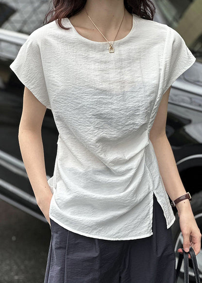 White Solid Front Open Cotton Top O Neck Summer AF1004