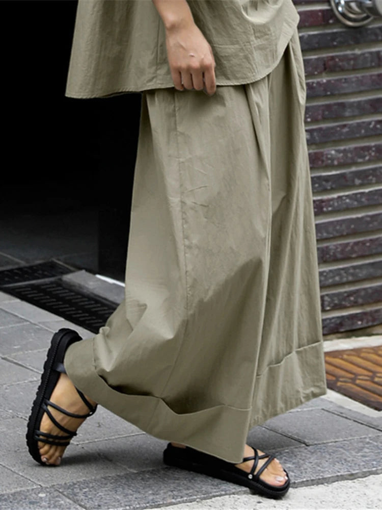 Elastic Organic Wide-Leg Waist Khaki Pants