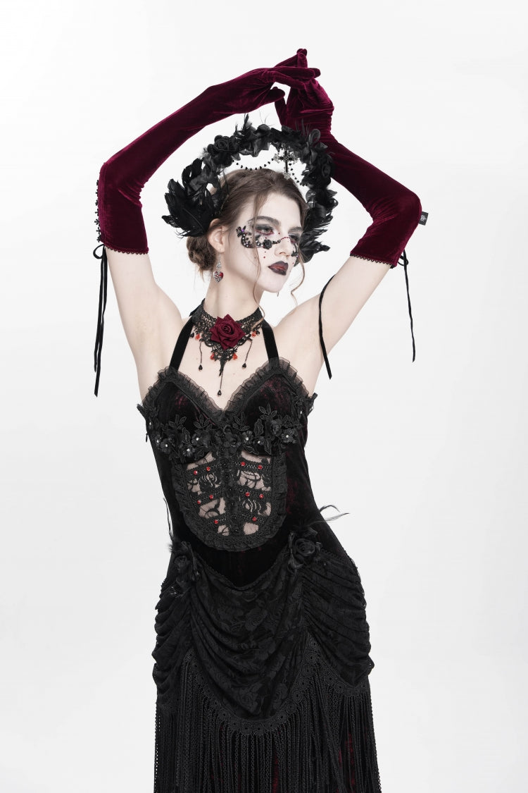 Crimson Gothic Maxi Dress with Floral Embroidery and Lace-Up Pleats