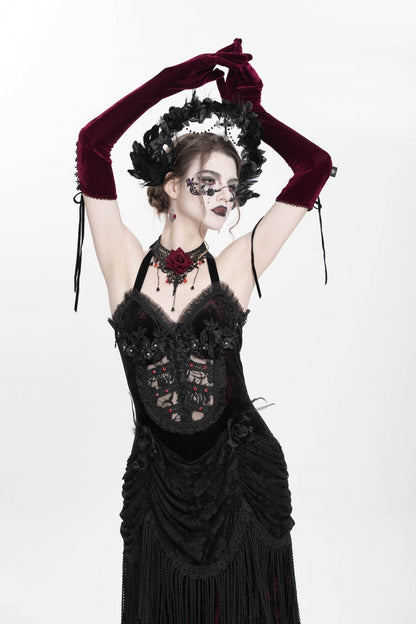 Crimson Gothic Maxi Dress with Floral Embroidery and Lace-Up Pleats