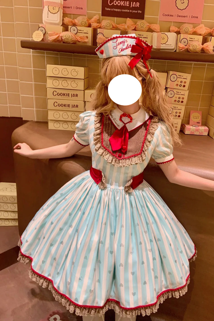 Emerald Jenny's Chocolate Striped Ruffle Bow Short-Sleeve Dress