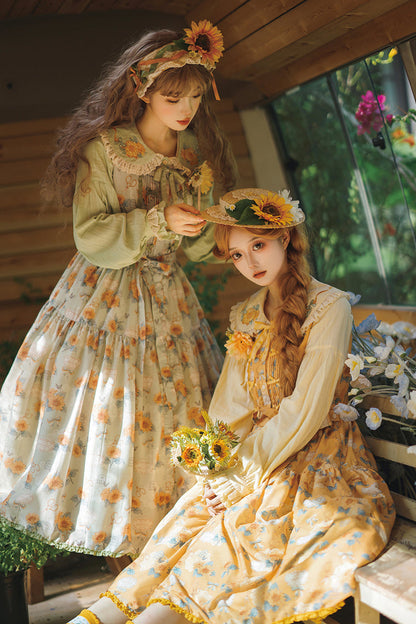 Emerald Sleeveless Sunflower Ruffle Bow Sweet Lolita Jumper Dress