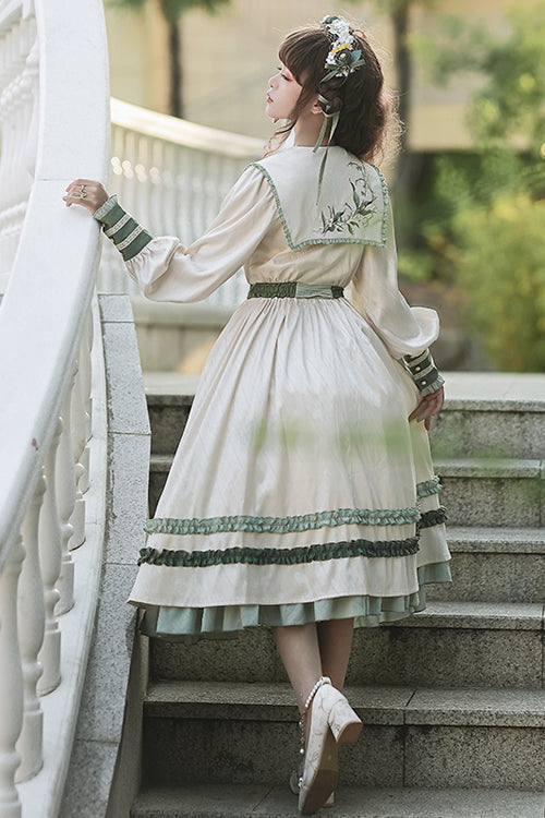 Long Sweet Lolita OP Dress with Embroidered Large Lapel Collar & High Waist, Cream