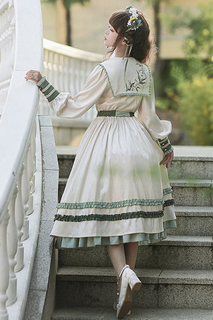 Long Sweet Lolita OP Dress with Embroidered Large Lapel Collar & High Waist, Cream