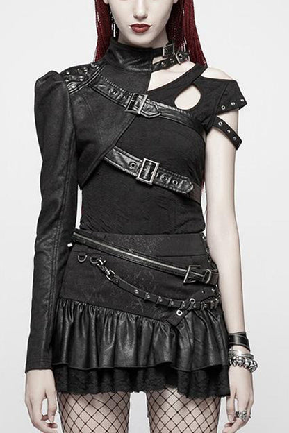 Steampunk Single-Arm Jacket with Rivet Buckle and Stand Collar in Two Tones - IndustrialChic
