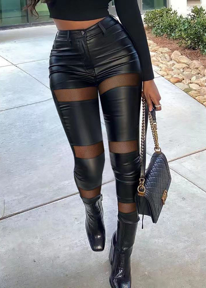 Control Tummy Vintage Faux Black Leather Patchwork Pants Spring
