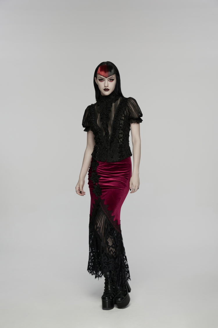 Ruffled Cut-Out Lace Gothic Blouse for Women