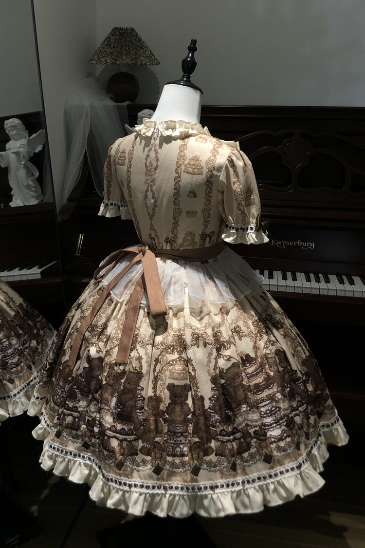 Teddy Bear Party Round Collar Printed Sweet Lolita Dress - Ruffled Bow
