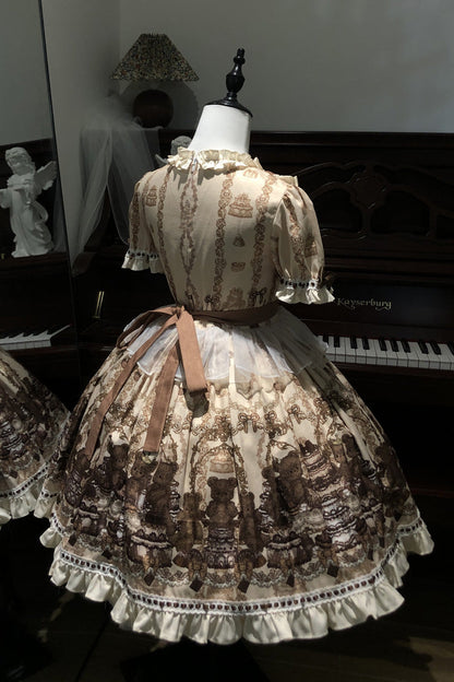 Teddy Bear Party Round Collar Printed Sweet Lolita Dress - Ruffled Bow