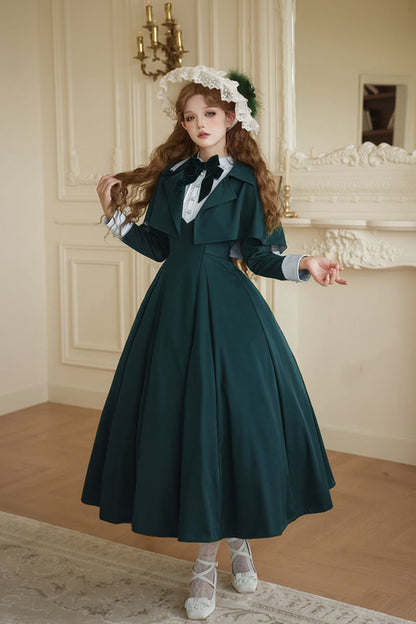 Emerald Donya Stand-Collar Long-Sleeve Gothic Bow OP Dress
