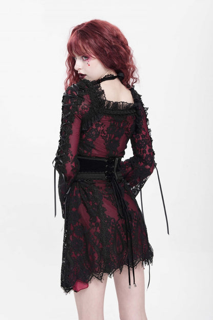 Crimson Square-Neck Gothic Dress with Floral Embroidery and Lace-Up