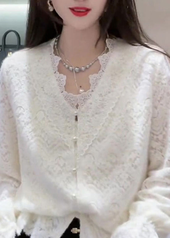 French Lace Neck White V Top Patchwork Spring