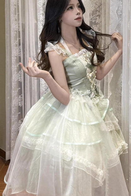 Emerald Lily Valley Polka-Dot Ruffled Lace-Up Princess JSK Dress