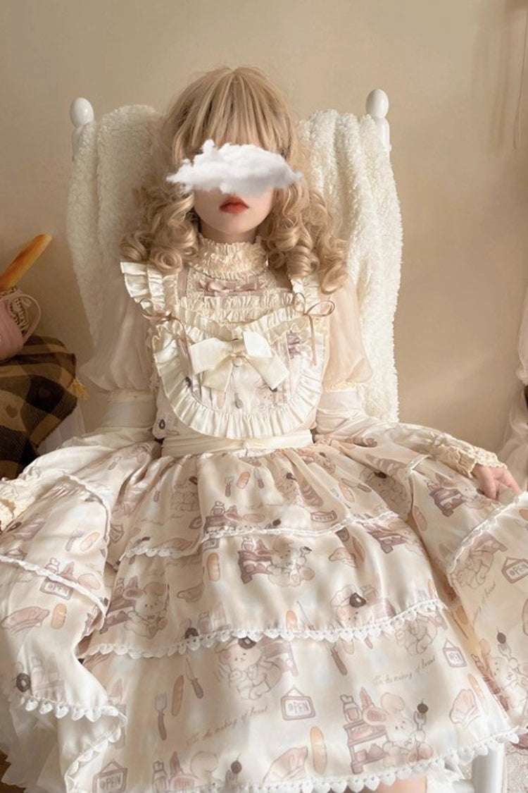 Plus Size Sweet Lolita JSK Gown with Triple-Layer Ruffles & Printed Bow