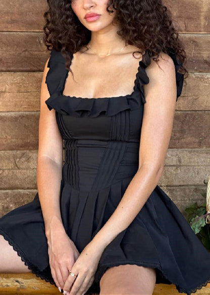 Black Ruffled Strap Spaghetti Summer Style Dress American