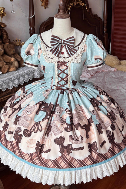 Peppermint Chocolate Cake Bear Print Lace-Up Lolita Dress with Bow - Sweet