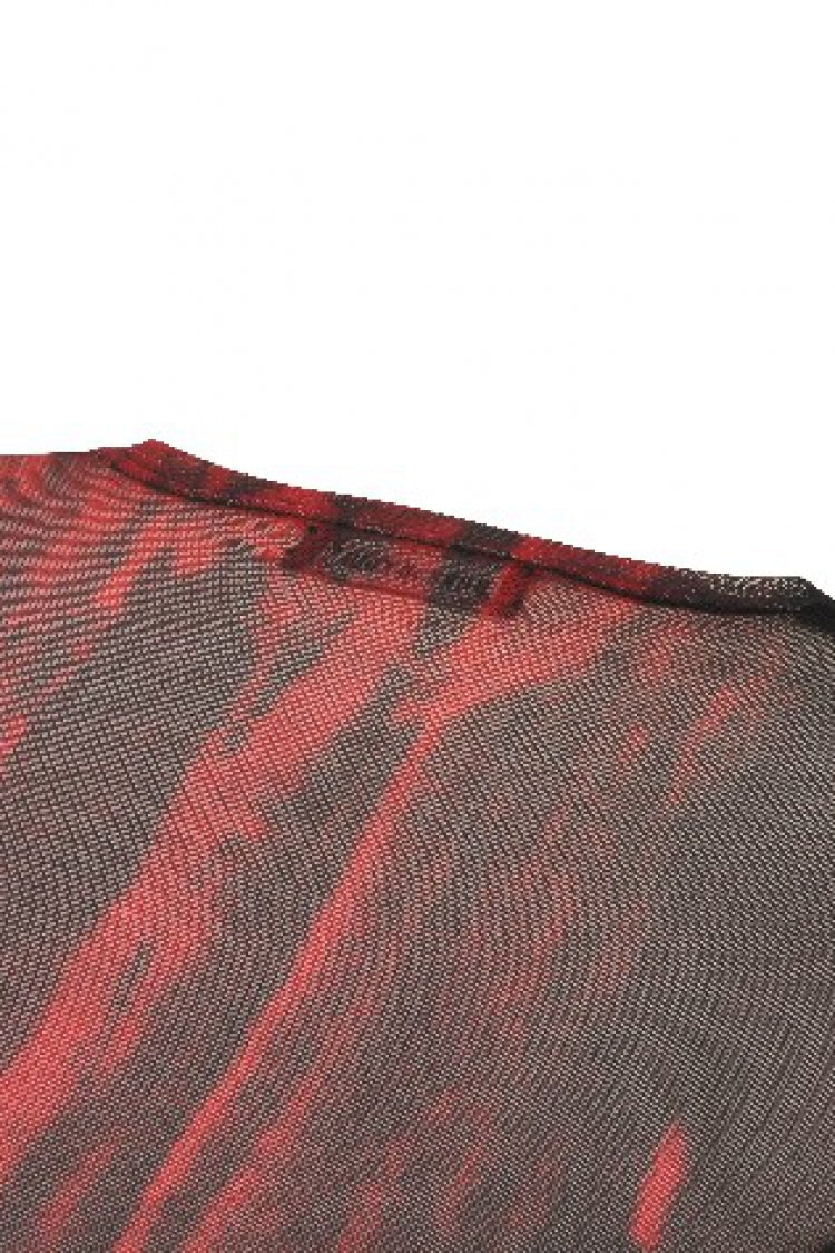 Crimson & Obsidian Round Collar Long Sleeves Sheer Mesh Tie-Dyed Versatile Basic Top