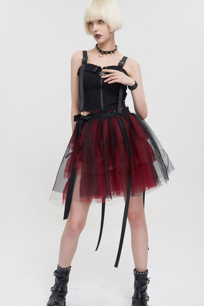 Crimson & Charcoal Punk Mesh Ruffle Rocker Mini Skirt