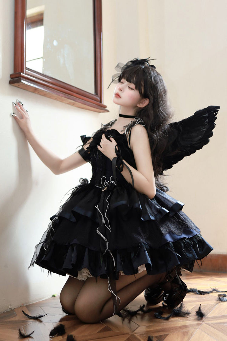 Ballet-Inspired Multi-Layer Ruffle JSK Dress with Bowknot in Three Hues - EtherealGrace