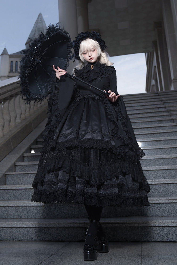 Ebony Layered Lace-Trimmed Open Front Gothic Petticoat Skirt - Immortality Taboo