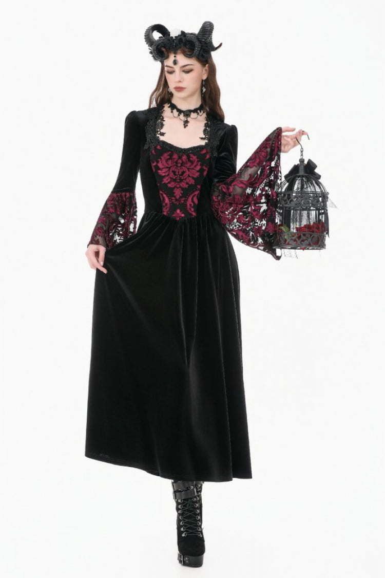 Crimson & Obsidian Square Collar Long Flare Puff Sleeves Lace Victorian Velvet Long Dress
