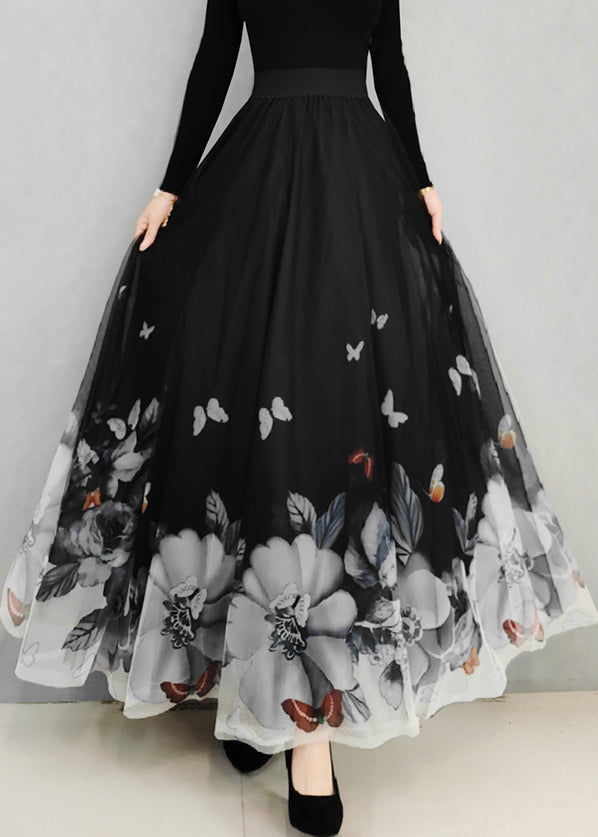 Italian Black Print Elastic Waist Tulle Skirt Spring RV009