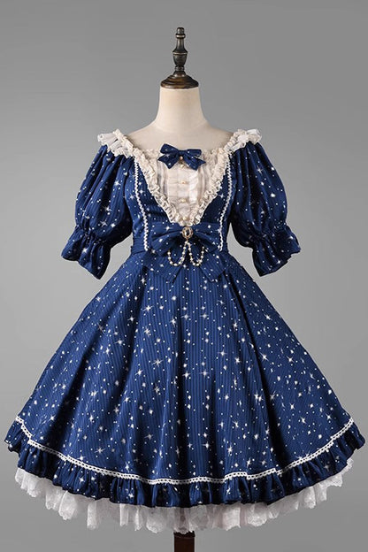 Midsummer Galaxy Star Print Short Sleeve Ruffled Bow Lolita OP Gown
