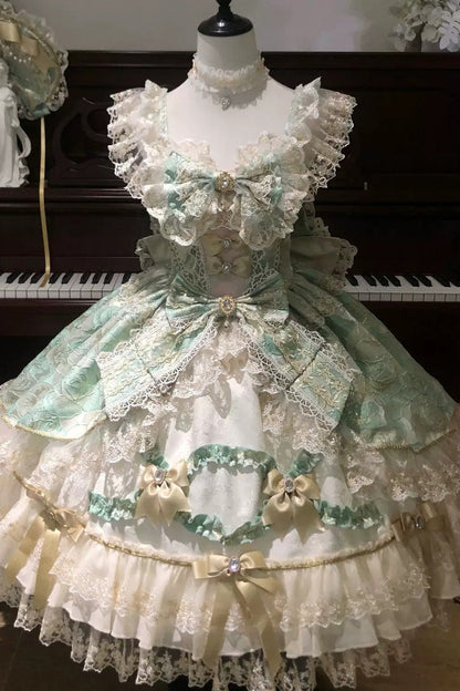 Emerald Gilded Waltz Square-Collar Sleeveless Embroidered Bow Gorgeous JSK