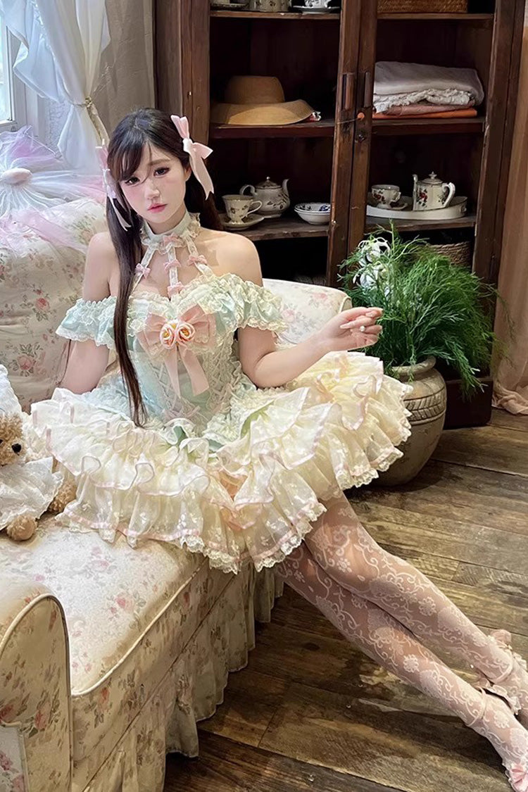 Emerald Halterneck Multi-Layer Ruffle Bow Rose Lace Lace-Up Sweet Ballet Lolita Jumper Dress