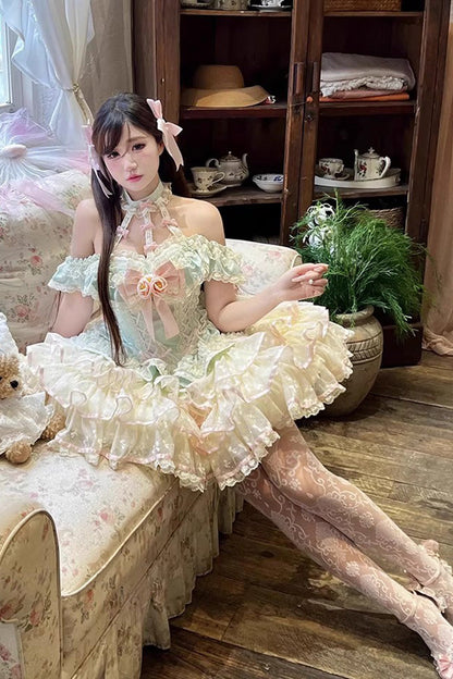 Emerald Halterneck Multi-Layer Ruffle Bow Rose Lace Lace-Up Sweet Ballet Lolita Jumper Dress
