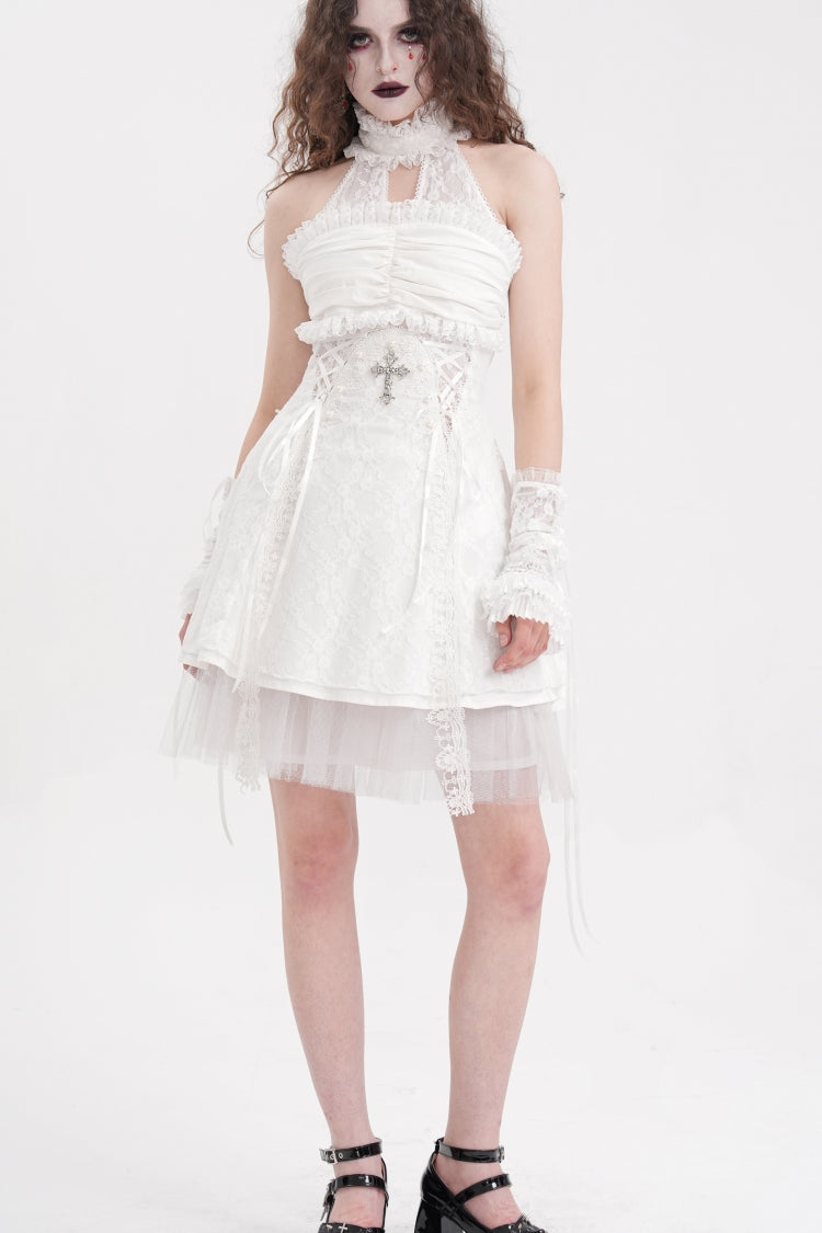 Ivory Cross Halter Neck Sleeveless Ruffled Lace Gothic Gown