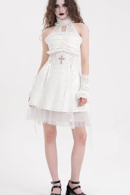 Ivory Cross Halter Neck Sleeveless Ruffled Lace Gothic Gown