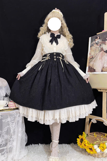 Ebony High-Waist Embroidered Ruffle Lace-Up Palace Skirt - Heart of Rose