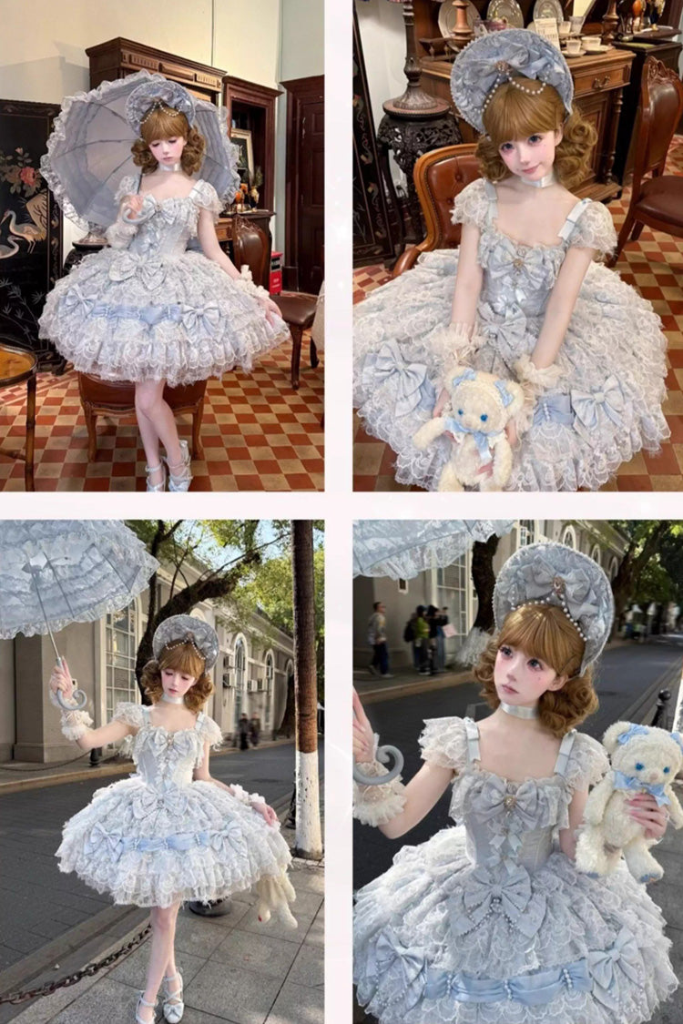 Azure Cloudborne Snowfeather Sleeveless Multi-Layered Hanayome Bow Pearl Gothic Lolita Jumper Dress