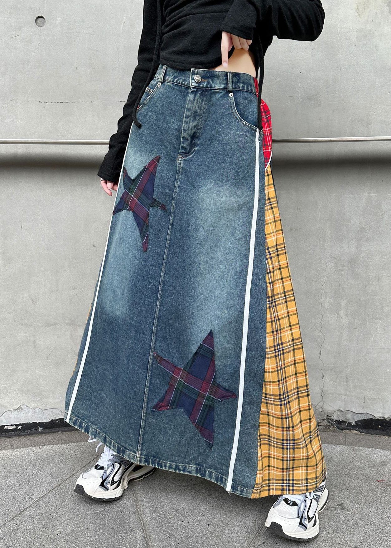 Yellow Patchwork High Spring Denim Waist Skirts Button Plaid