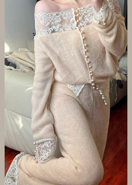 Two Apricot Piece Knit Set Slash Patchwork Lace Neck Suit Fine