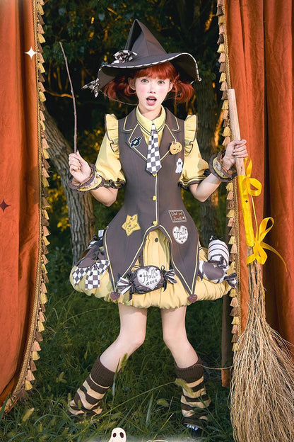 Witch and Paradise Halloween Lolita Dress Set with Ruffle Bow - Short Sleeves