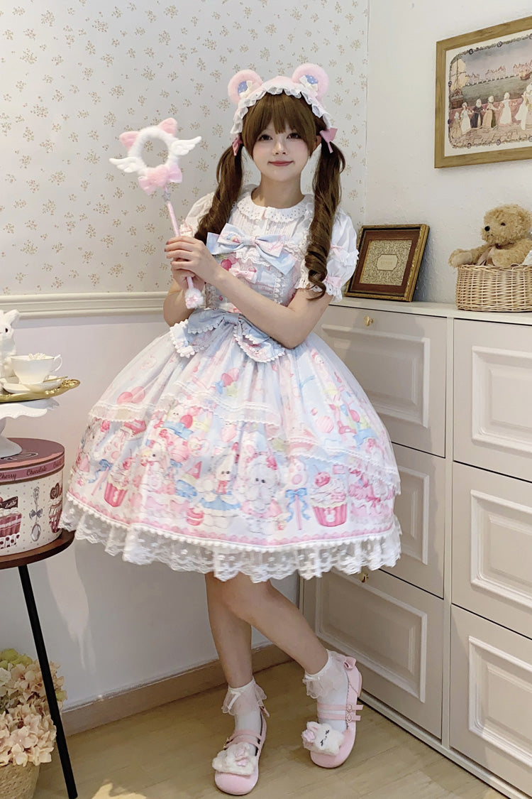 Azure Cute Rabbit Sweet Cake Print Ruffle Bow Lace Sweet Lolita Jumper Dress