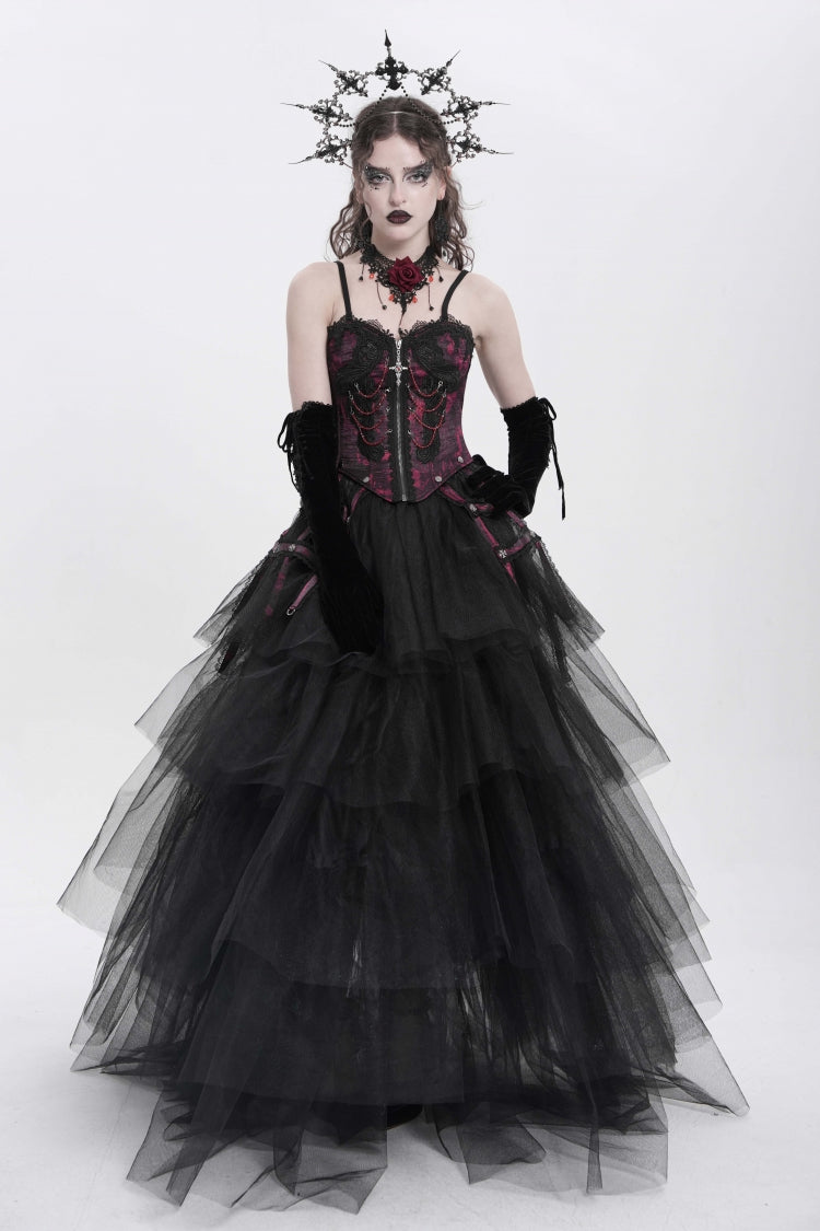 Crimson Gothic Vest with Embroidery Lace and Chain Details