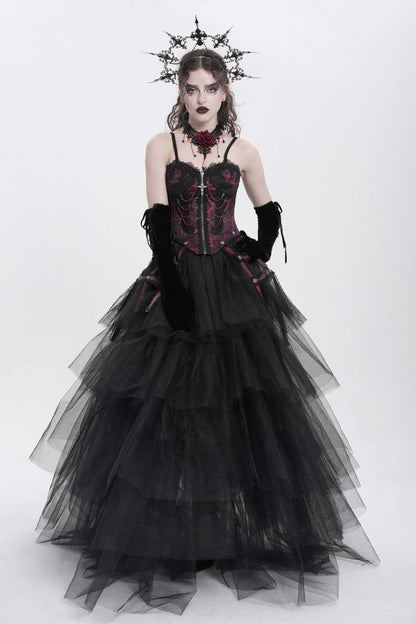 Crimson Gothic Vest with Embroidery Lace and Chain Details