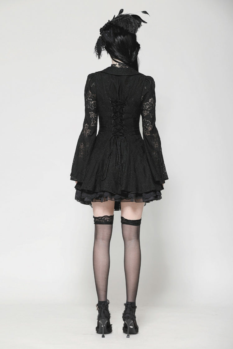 Ebony Flared-Sleeve Embroidered Lace-Up Gothic Honeymoon Dress