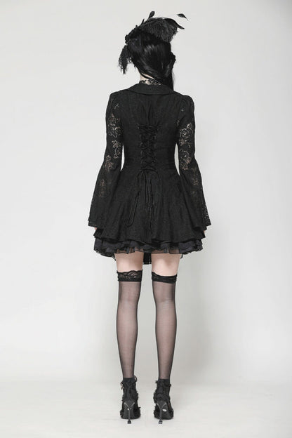 Ebony Flared-Sleeve Embroidered Lace-Up Gothic Honeymoon Dress