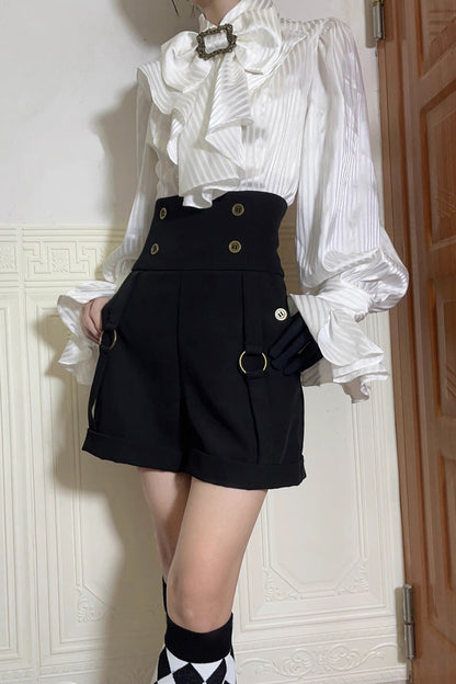 Lapel Collar Long Sleeve Striped Print Ruffle Ouji Gothic Blouse