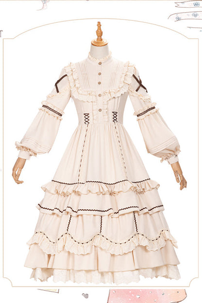 Tiered Sweet Lolita OP Gown with Removable Multi-Layer Ruffles & Lantern Sleeves, Cream