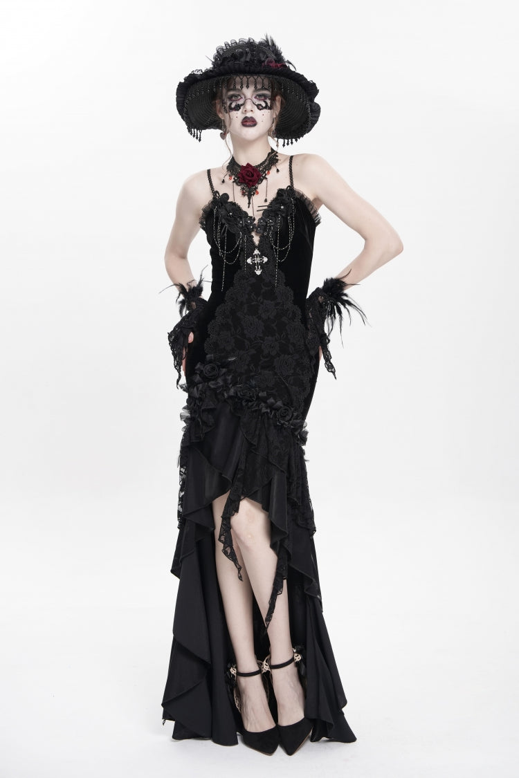 No-Sleeve Ruffled Floral Embroidered Chain Gothic Long Slip Dress