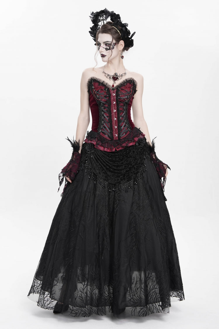 Crimson Gothic Overbust Corset with Beaded Lace and Lace-Up Back