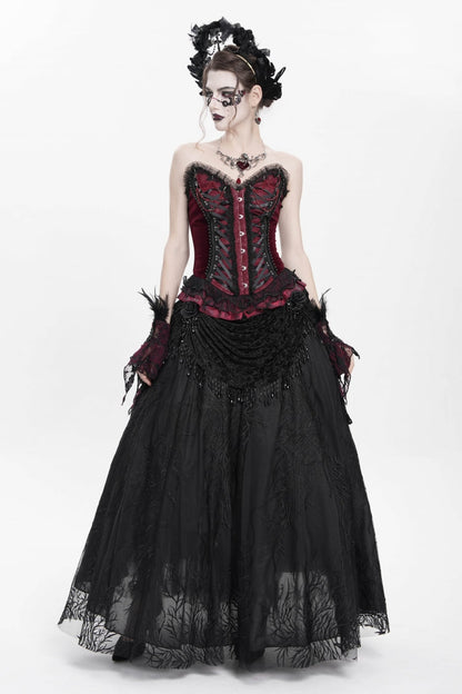 Crimson Gothic Overbust Corset with Beaded Lace and Lace-Up Back