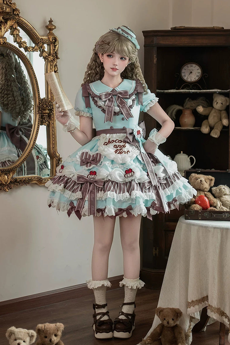 Emerald Lapel Collar Short Sleeve Triple-Layer Printed Ruffled Bow Lace Princess Sweet Lolita Gown