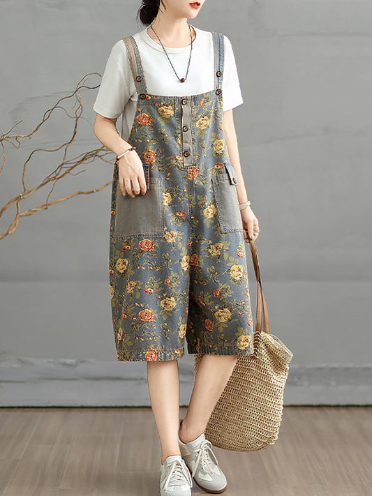 Denim Jumpsuits Short Artsy Women Flower Summer