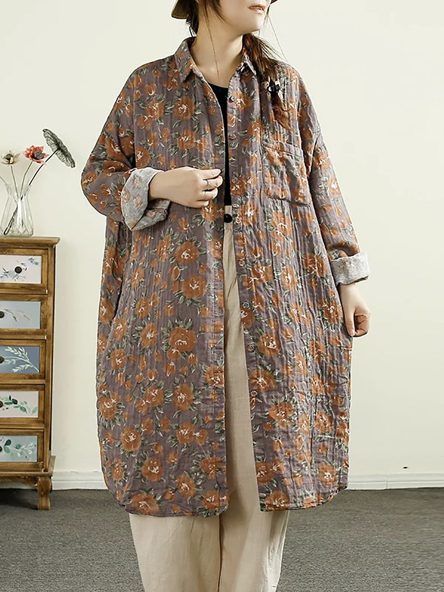 Women Vintage Autumn Flower Button-up Thin Cotton Coat AK1014